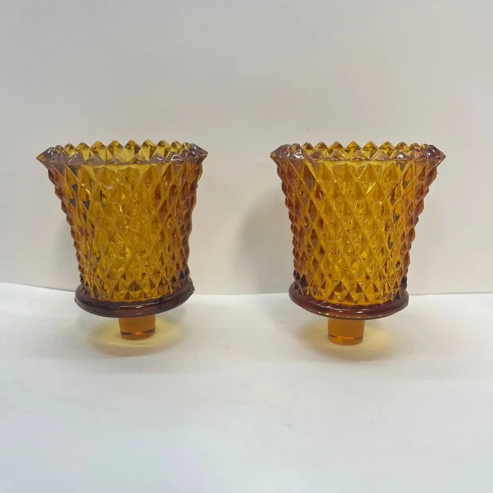 Vintage Amber‎ Glass Diamond Point Peg Votive Candle Holder Set of 2 Mid Century
